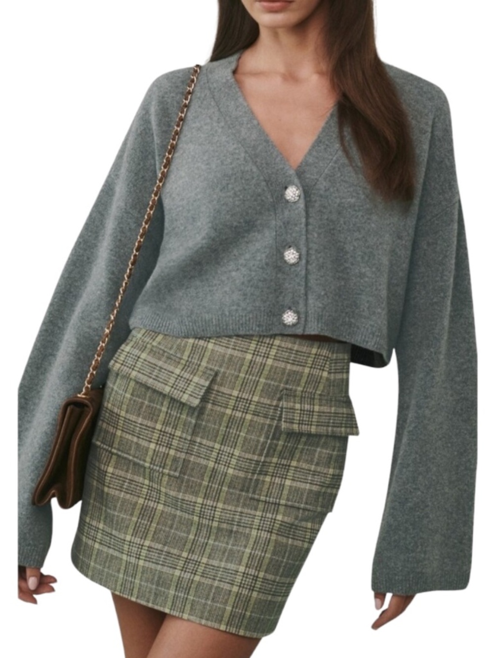 Reformation Cropped Cardigan w/3 Crystal Buttons Wool Oversize V-Neck Grey Sz L